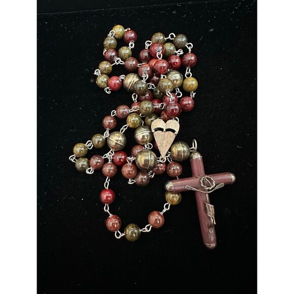 Raada Vintage Jewelry - Artisan Picasso jasper rosary with vintage artisan wooden cross